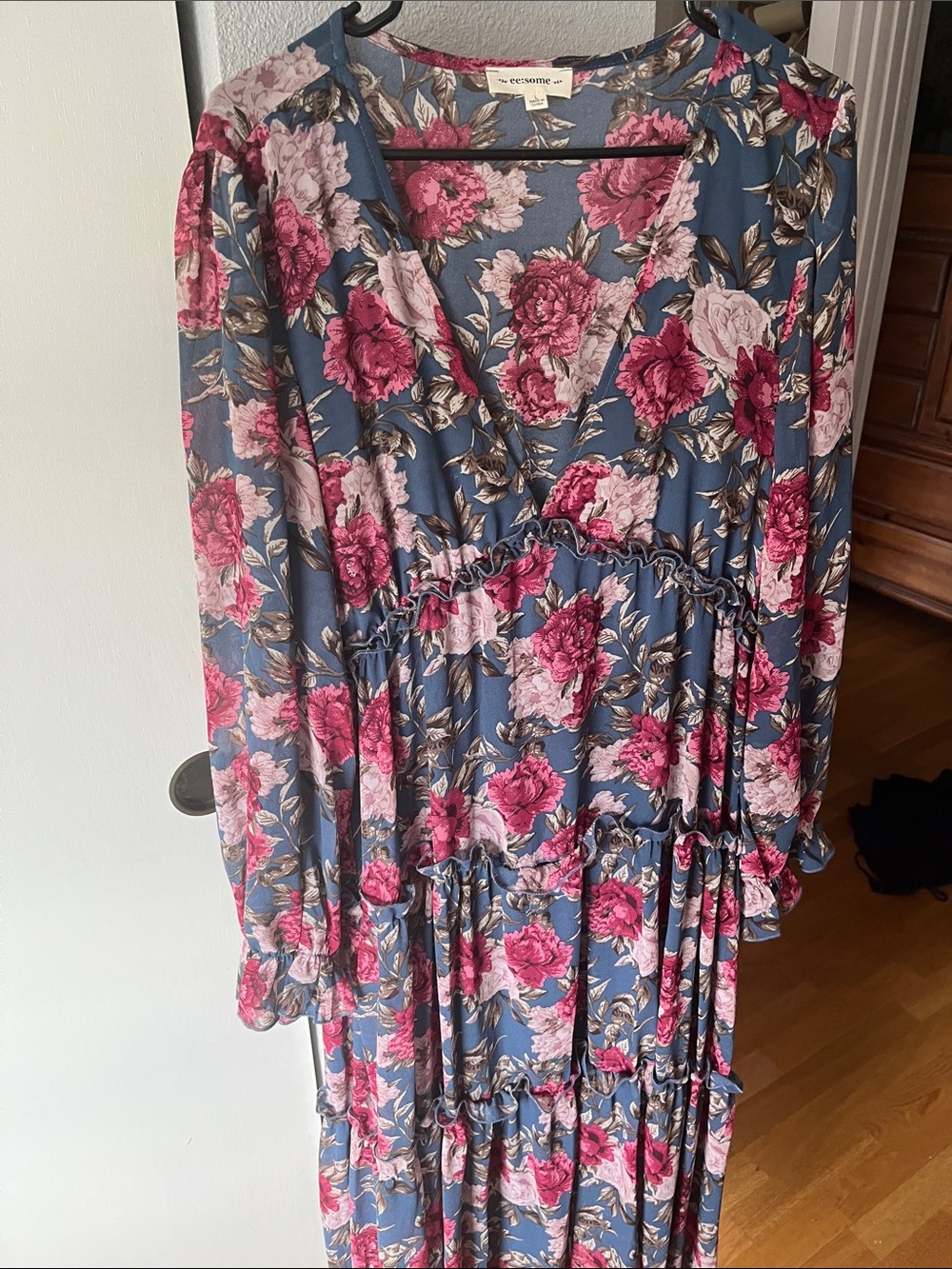 eesome Floral Long Sleeve Maxi Dress in Blue and Pink